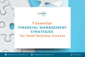 A blog headline reading "7 Essential Financial Management Strategies for Small Business Success"